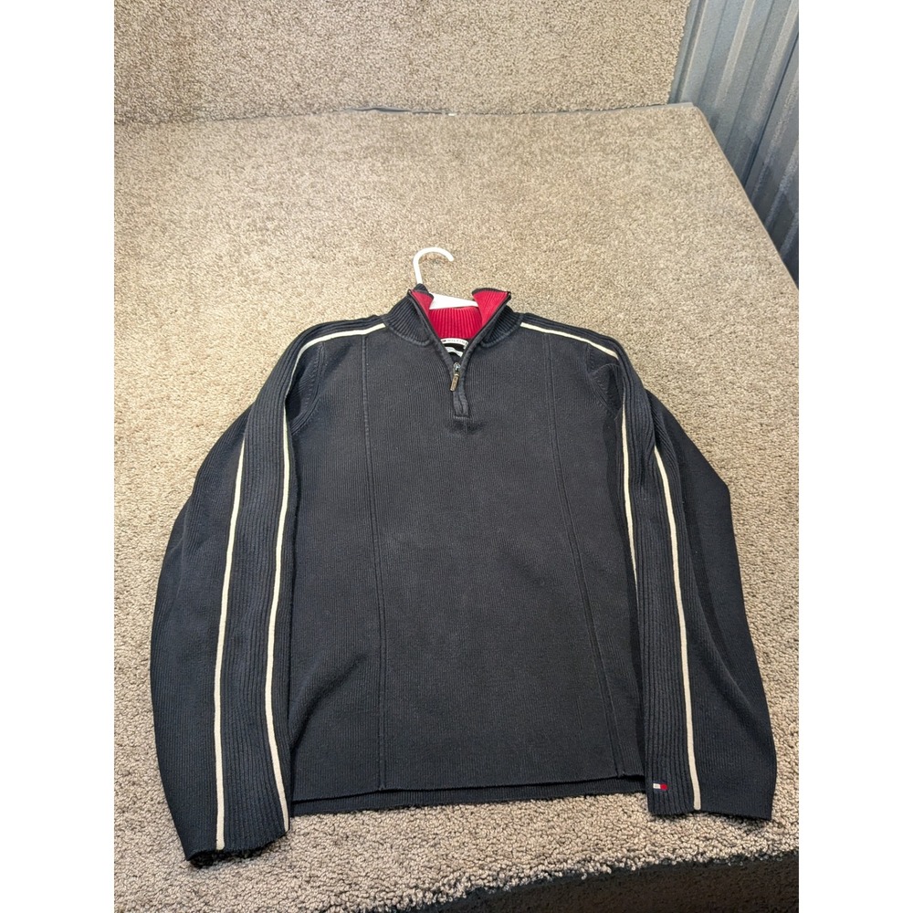 Tommy Hilfiger Mens XL Quarter Sweater Navy Blue Red Stripe Mock Neck Pullover